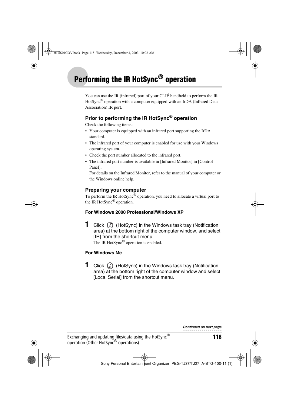 Performing the ir hotsync® operation, Performing the ir hotsync, Operation | Sony PEG-TJ27 User Manual | Page 118 / 195