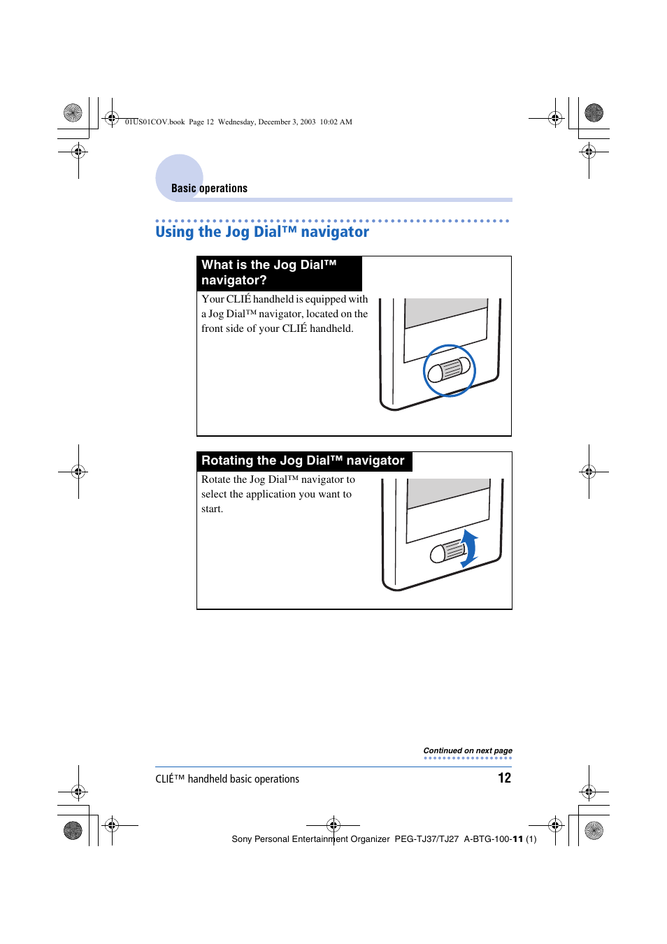 Using the jog dial™ navigator | Sony PEG-TJ27 User Manual | Page 12 / 195