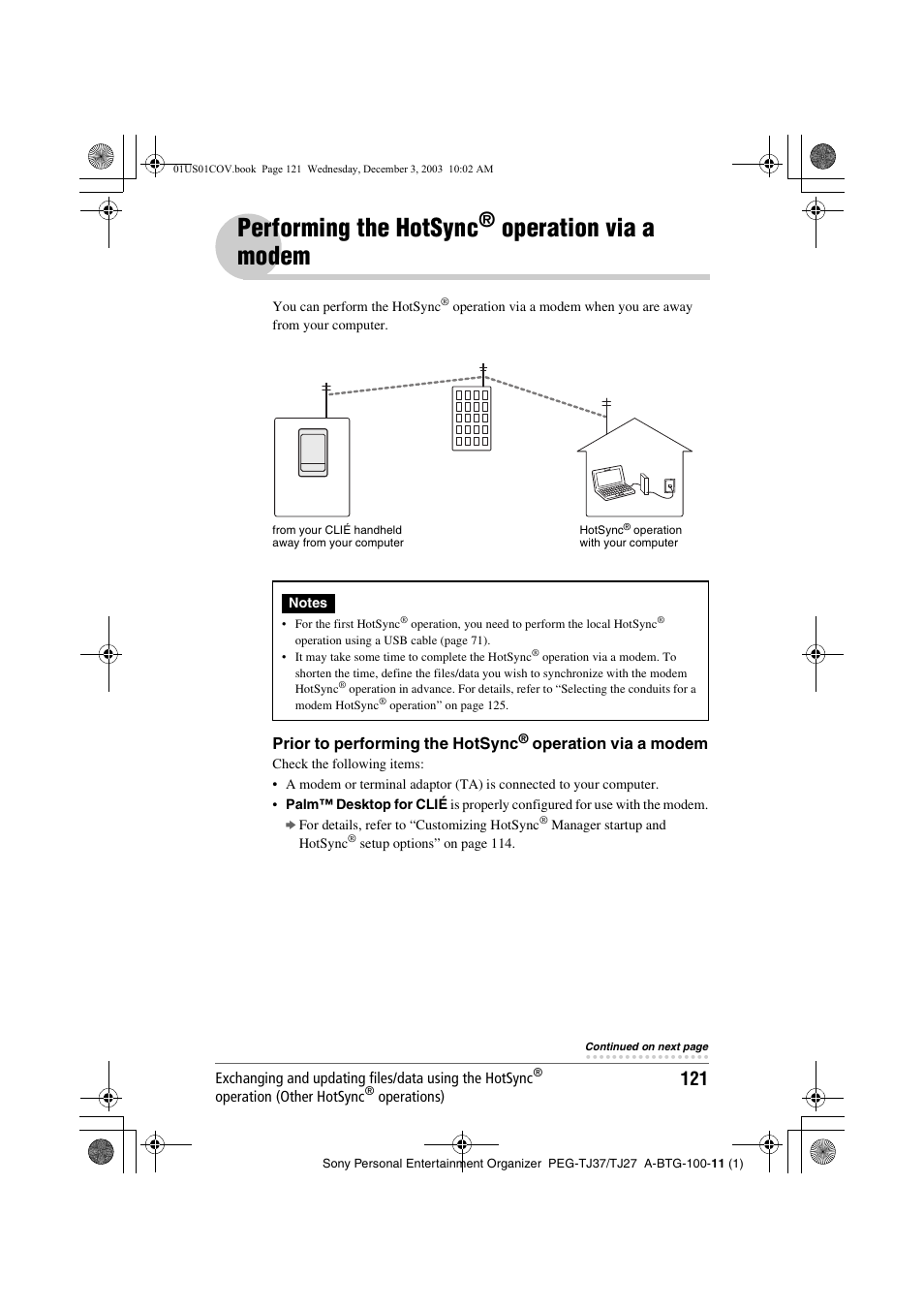 Performing the hotsync® operation via a modem, Performing the hotsync, Operation | Via a modem, Operation via a modem | Sony PEG-TJ27 User Manual | Page 121 / 195