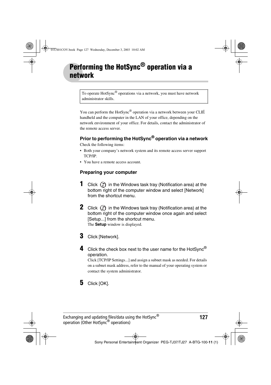 Performing the hotsync® operation via a network, Performing the hotsync, Operation | Via a network, Operation via a network | Sony PEG-TJ27 User Manual | Page 127 / 195