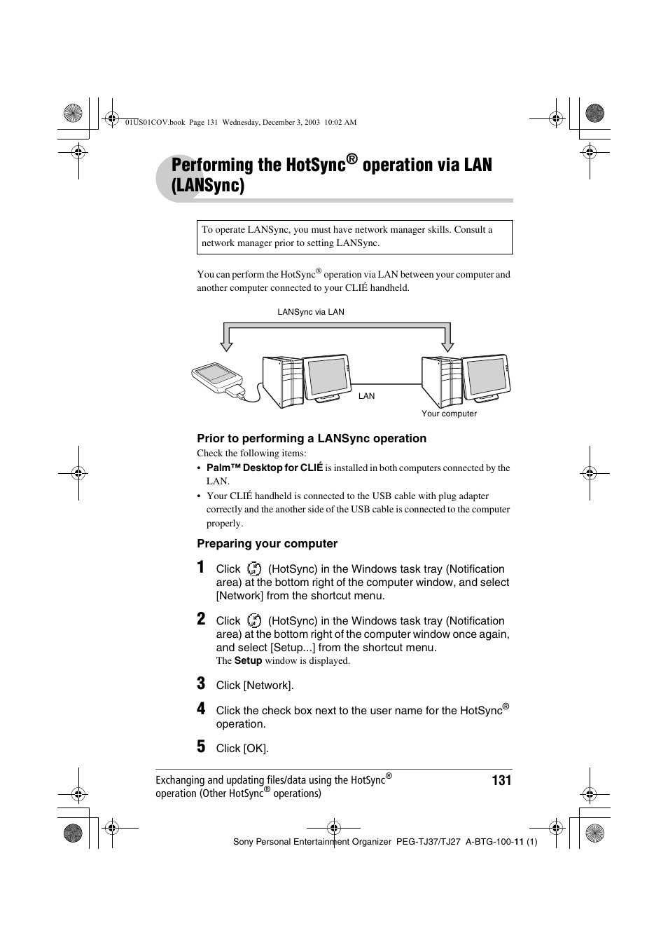 Performing the hotsync, Operation, Via lan (lansync) | Operation via, Lan (lansync), Operation via lan (lansync) | Sony PEG-TJ27 User Manual | Page 131 / 195