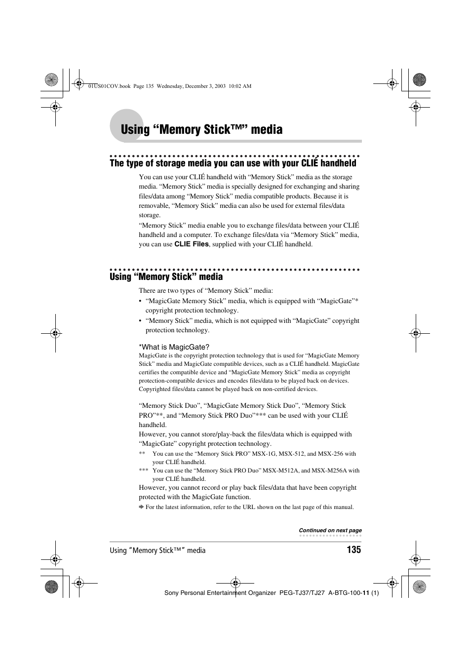 Using “memory stick™” media, Using “memory stick” media | Sony PEG-TJ27 User Manual | Page 135 / 195