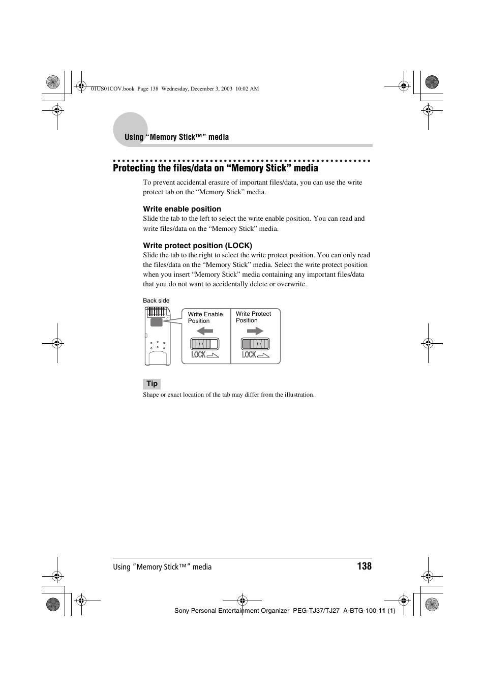 Protecting the files/data on “memory stick” media | Sony PEG-TJ27 User Manual | Page 138 / 195