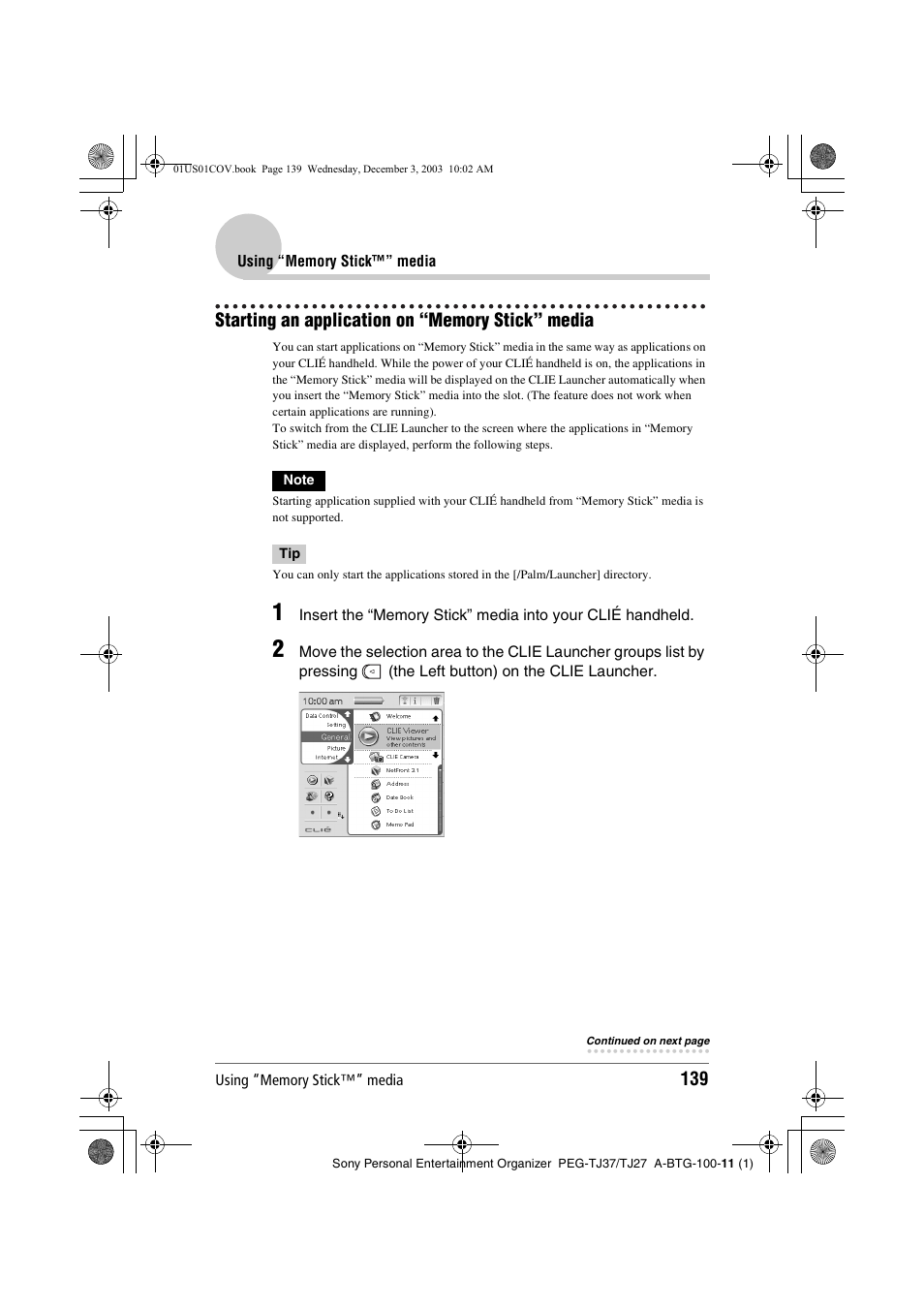 Starting an application on “memory stick” media | Sony PEG-TJ27 User Manual | Page 139 / 195