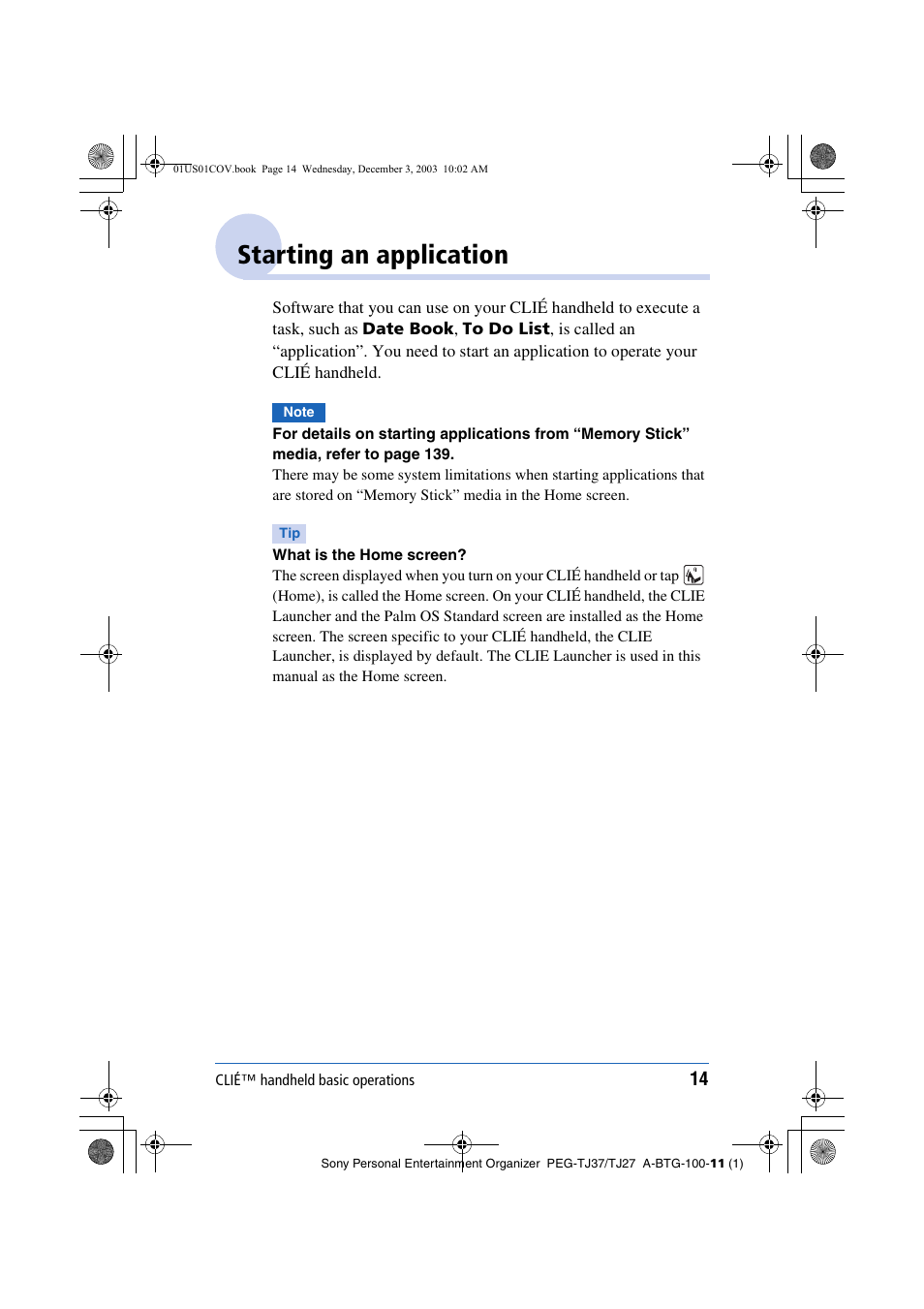 Starting an application | Sony PEG-TJ27 User Manual | Page 14 / 195