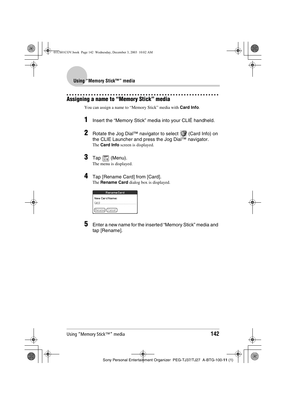 Assigning a name to “memory stick” media | Sony PEG-TJ27 User Manual | Page 142 / 195