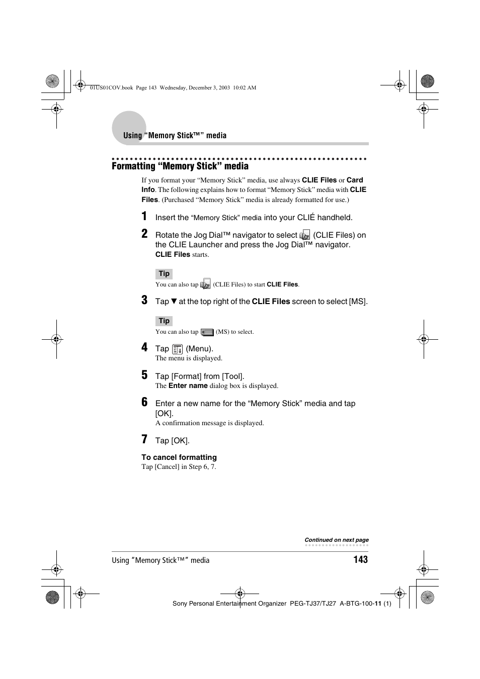 Formatting “memory stick” media | Sony PEG-TJ27 User Manual | Page 143 / 195