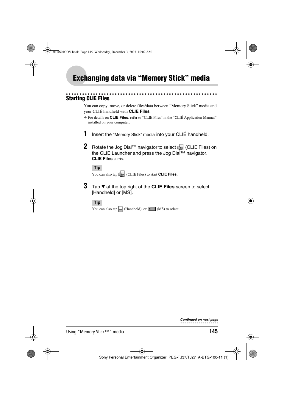 Exchanging data via “memory stick” media, Starting clie files | Sony PEG-TJ27 User Manual | Page 145 / 195