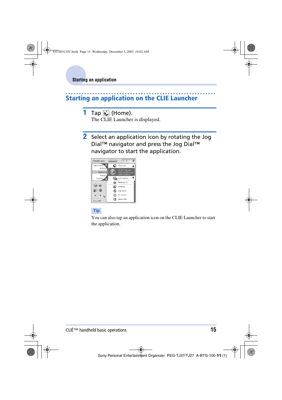 Starting an application on the clie launcher | Sony PEG-TJ27 User Manual | Page 15 / 195