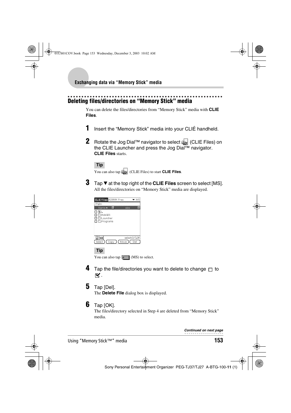 Deleting files/directories on “memory stick” media | Sony PEG-TJ27 User Manual | Page 153 / 195