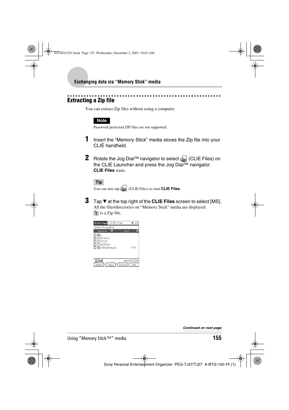 Extracting a zip file | Sony PEG-TJ27 User Manual | Page 155 / 195