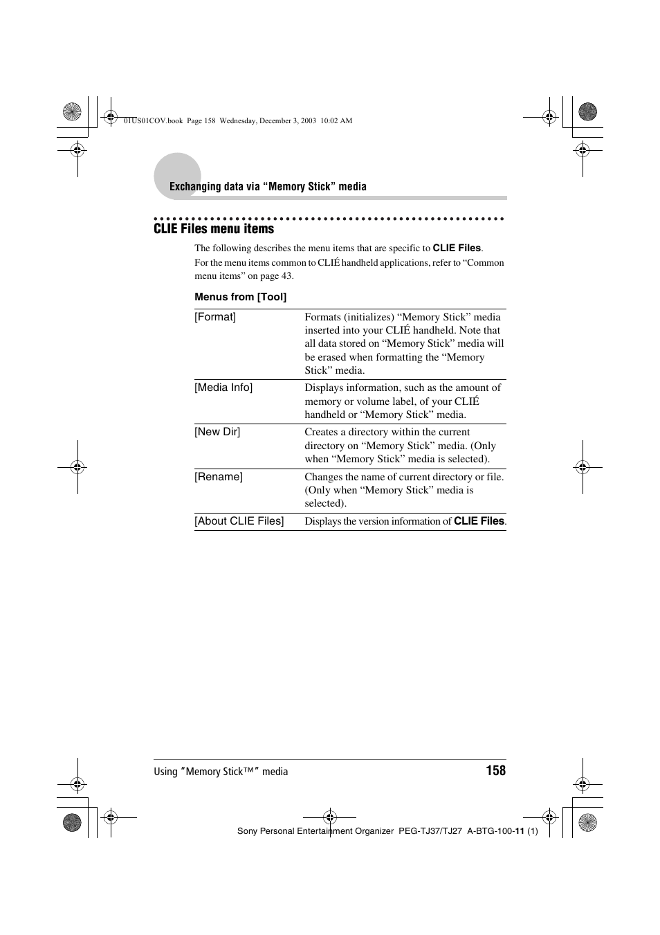 Clie files menu items | Sony PEG-TJ27 User Manual | Page 158 / 195