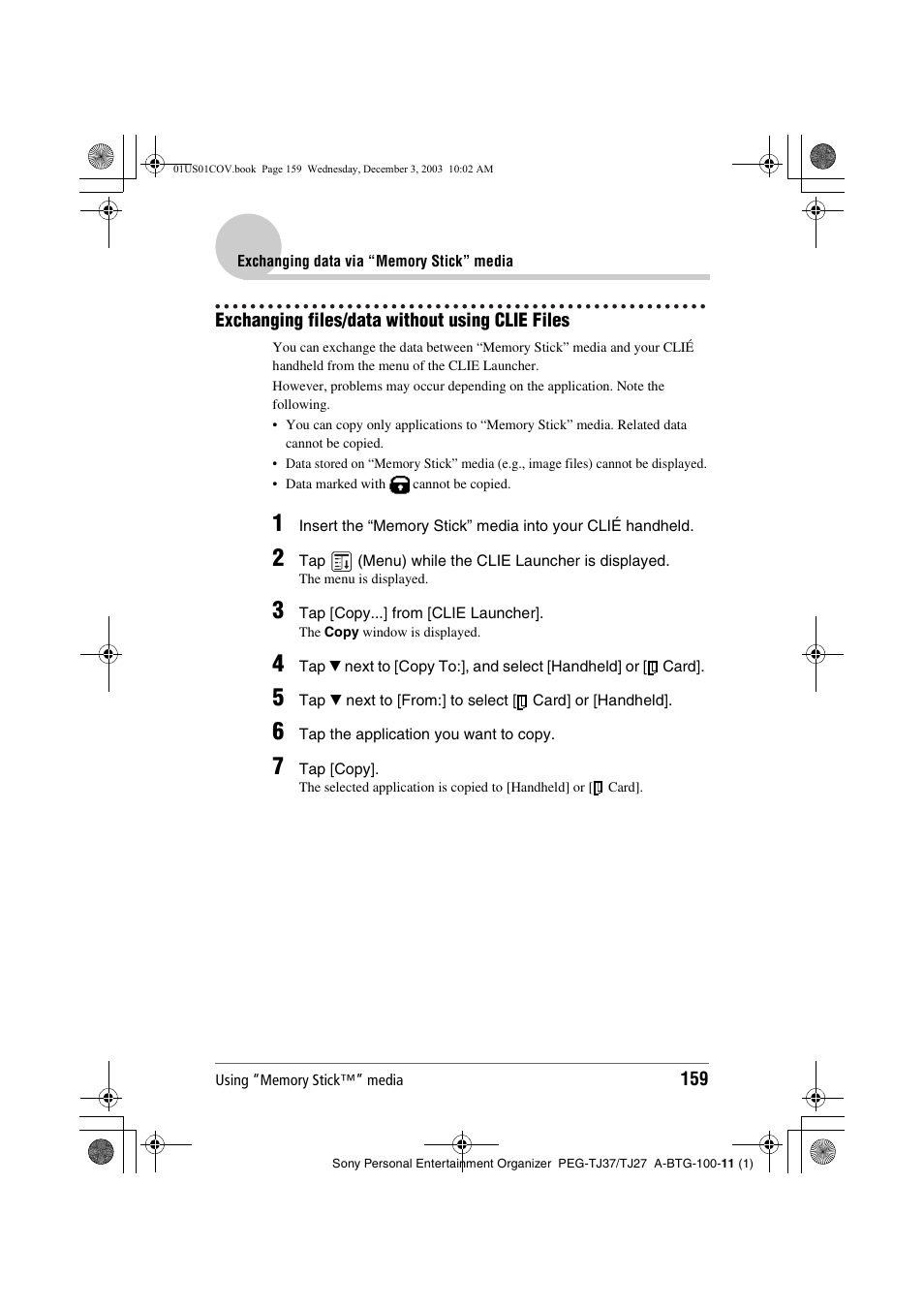 Exchanging files/data without using clie files | Sony PEG-TJ27 User Manual | Page 159 / 195