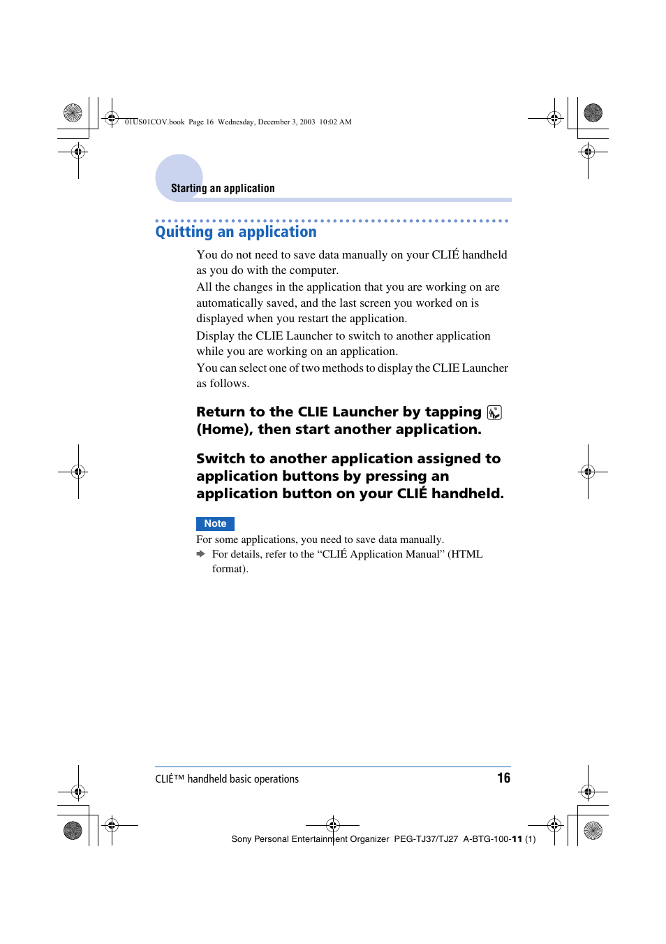 Quitting an application | Sony PEG-TJ27 User Manual | Page 16 / 195