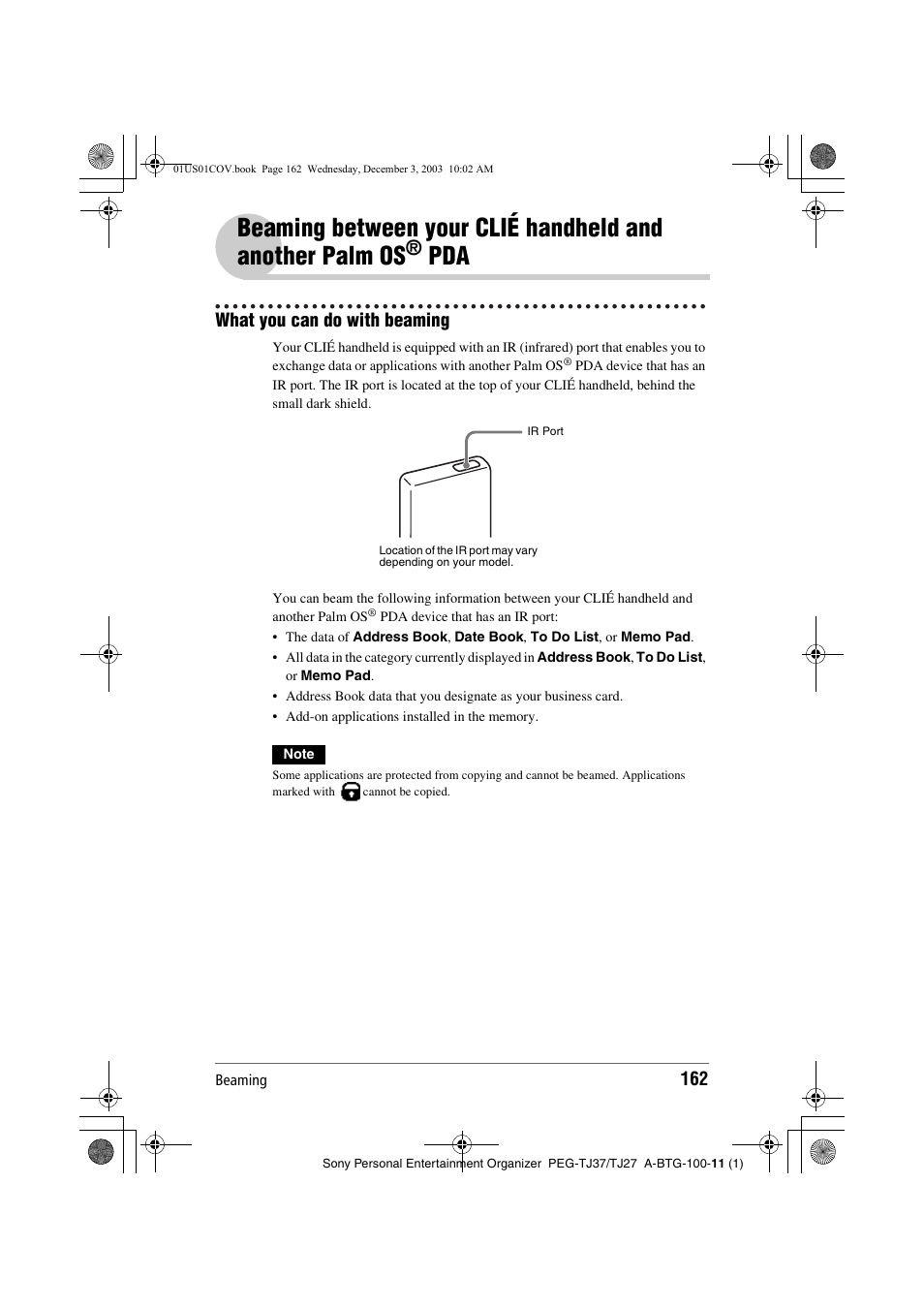 What you can do with beaming, Age 162), Beaming between your clié handheld and | Another palm os | Sony PEG-TJ27 User Manual | Page 162 / 195