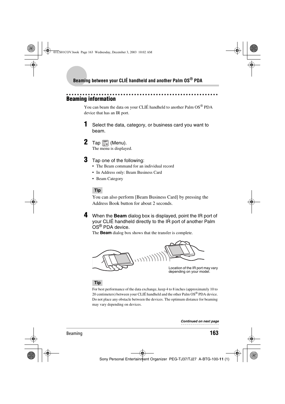 Beaming information | Sony PEG-TJ27 User Manual | Page 163 / 195