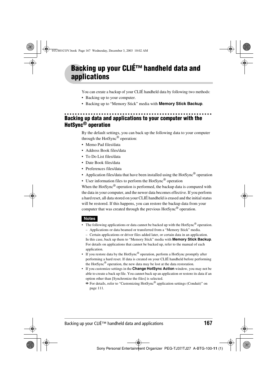 Operation, Backing up your clié™ handheld data and | Sony PEG-TJ27 User Manual | Page 167 / 195