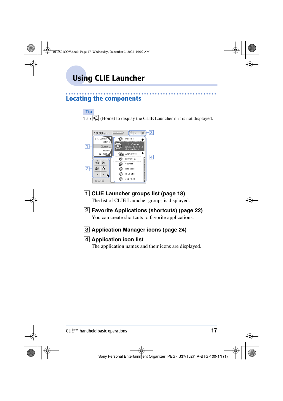 Using clie launcher, Locating the components | Sony PEG-TJ27 User Manual | Page 17 / 195