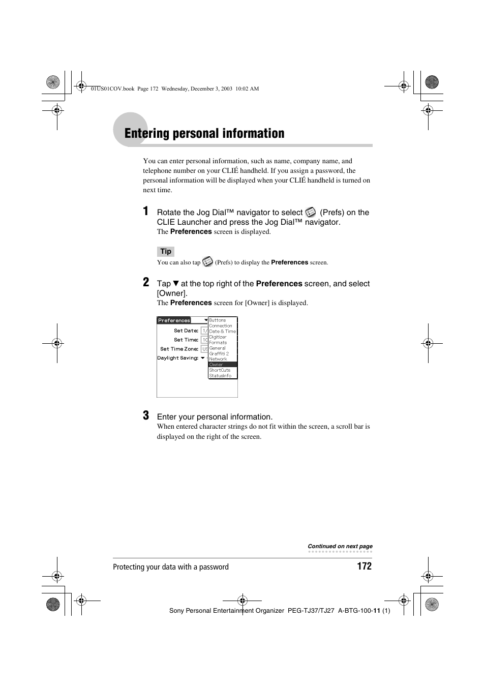 Entering personal information | Sony PEG-TJ27 User Manual | Page 172 / 195