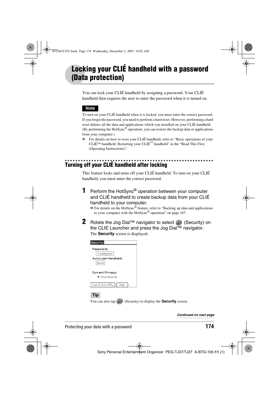 Turning off your clié handheld after locking, Locking your clié handheld with a password | Sony PEG-TJ27 User Manual | Page 174 / 195