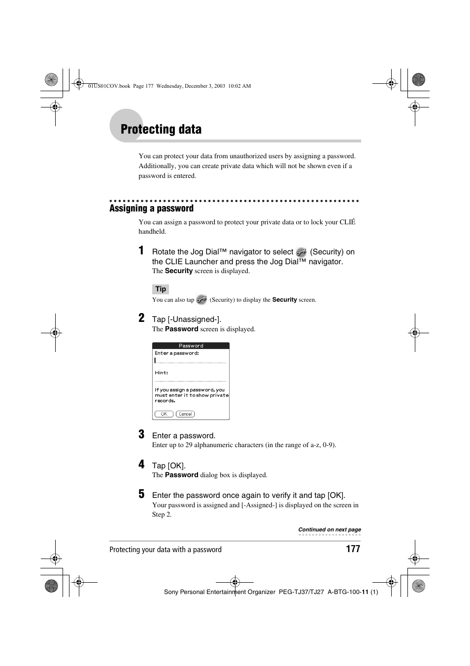 Protecting data, Assigning a password | Sony PEG-TJ27 User Manual | Page 177 / 195