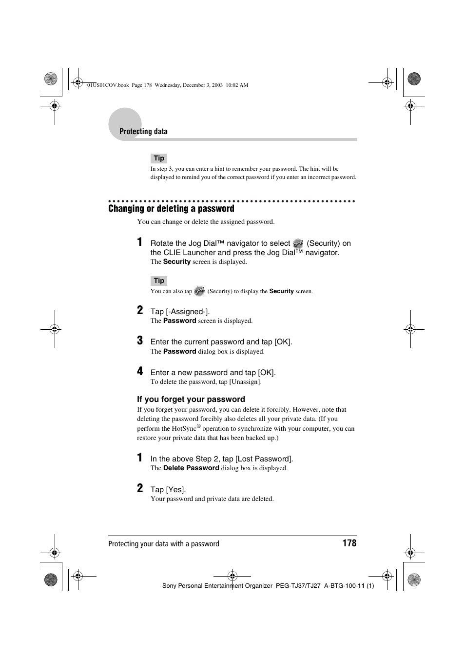 Changing or deleting a password | Sony PEG-TJ27 User Manual | Page 178 / 195