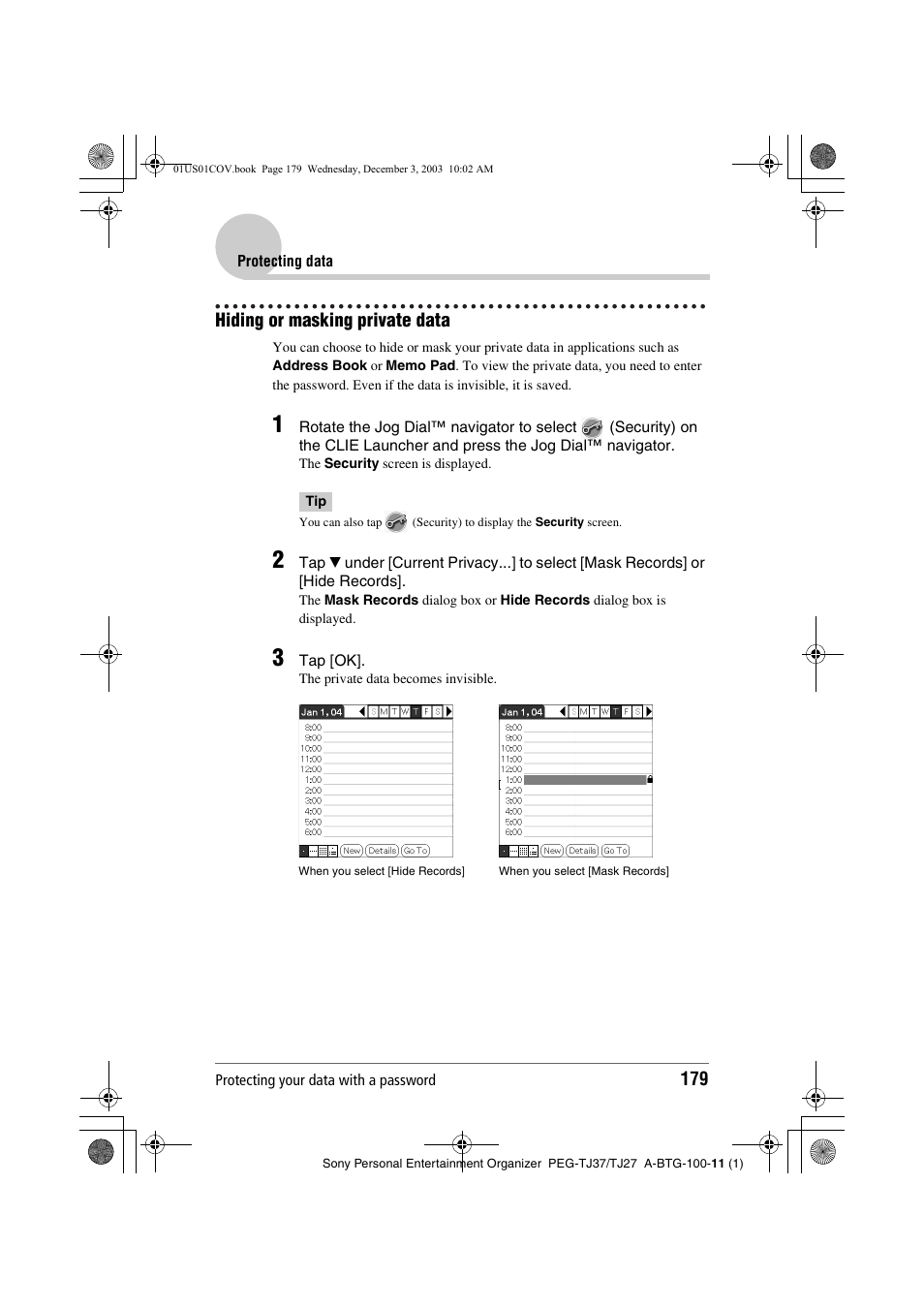 Hiding or masking private data | Sony PEG-TJ27 User Manual | Page 179 / 195