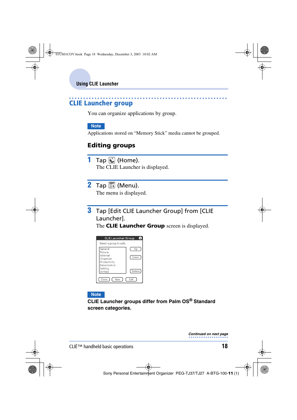 Clie launcher group, Editing groups | Sony PEG-TJ27 User Manual | Page 18 / 195