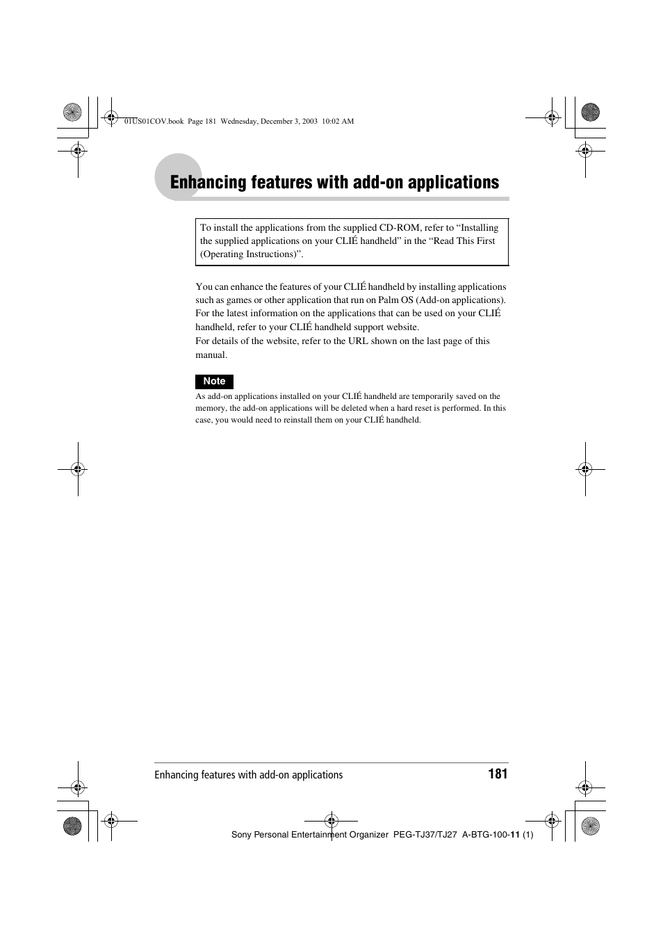 Enhancing features with add-on applications, Enhancing features with add-on, Applications | Sony PEG-TJ27 User Manual | Page 181 / 195