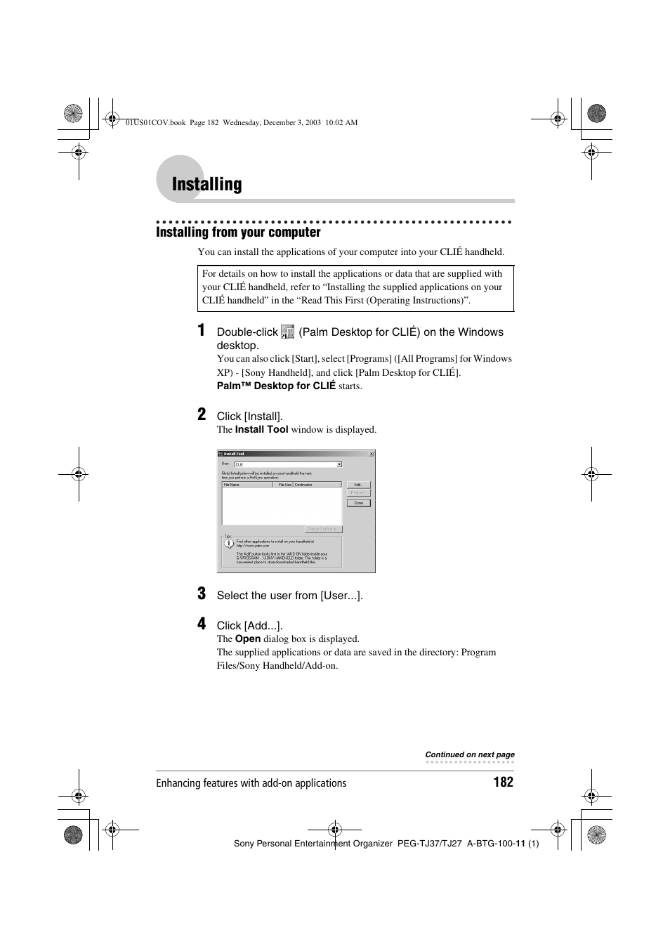 Installing, Installing from your computer | Sony PEG-TJ27 User Manual | Page 182 / 195