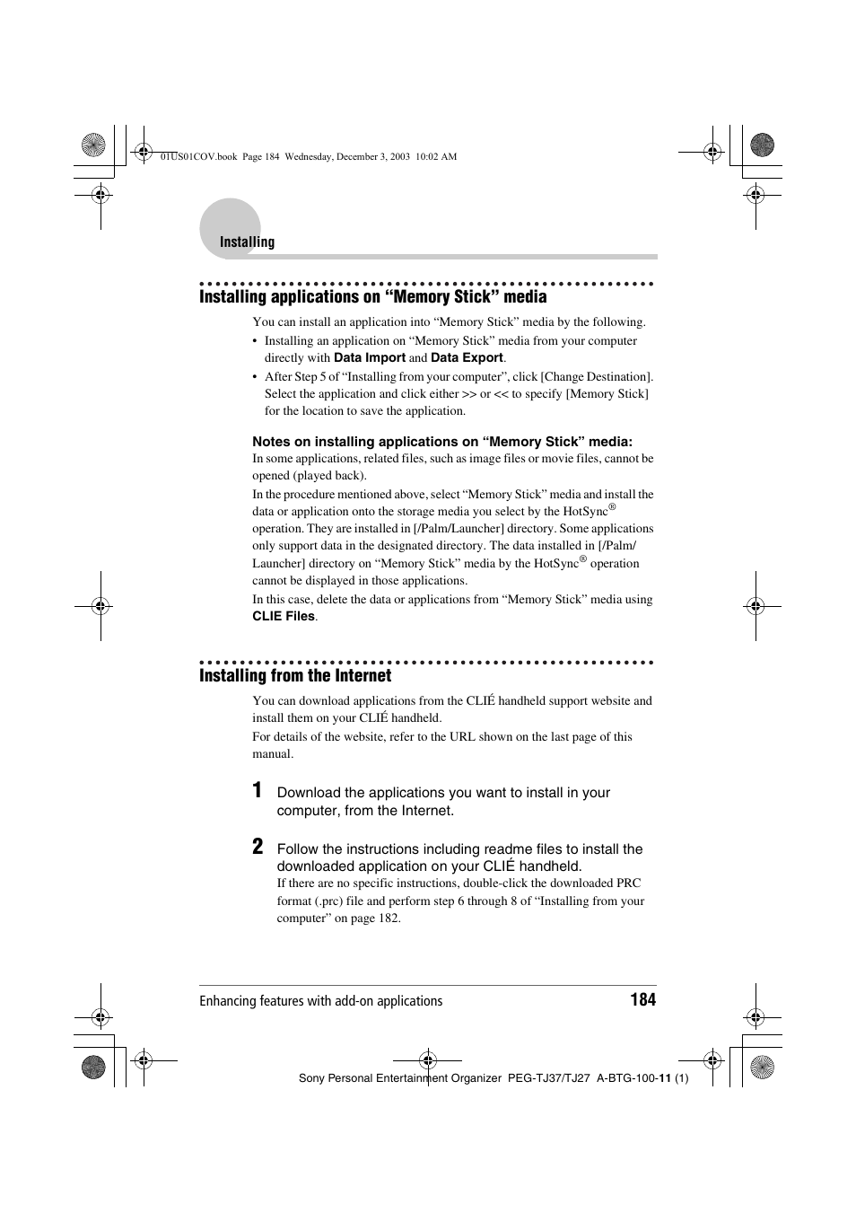 Installing applications on “memory stick” media, Installing from the internet | Sony PEG-TJ27 User Manual | Page 184 / 195