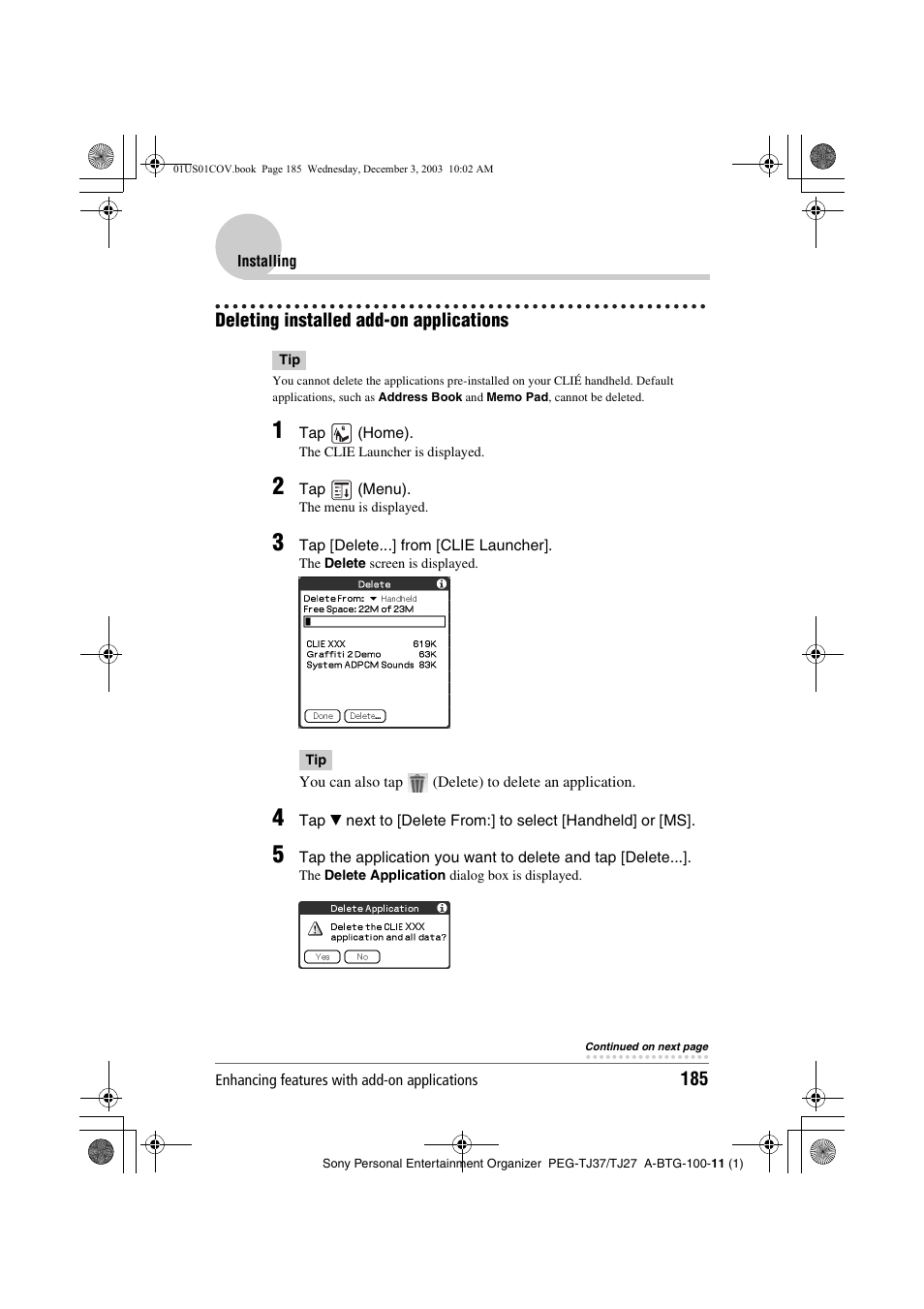 Deleting installed add-on applications, E 185), Age 185) | Sony PEG-TJ27 User Manual | Page 185 / 195