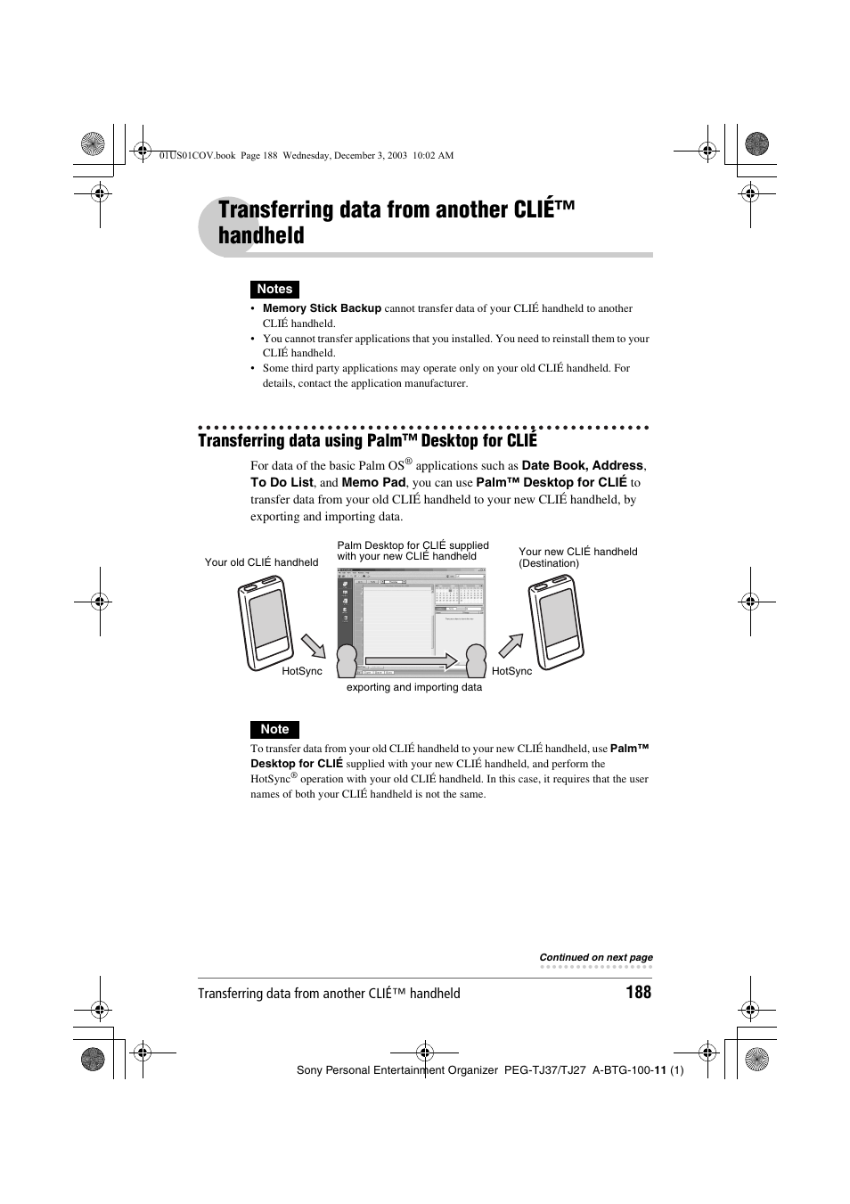 Transferring data from another clié™ handheld, Transferring data using palm™ desktop for clié | Sony PEG-TJ27 User Manual | Page 188 / 195