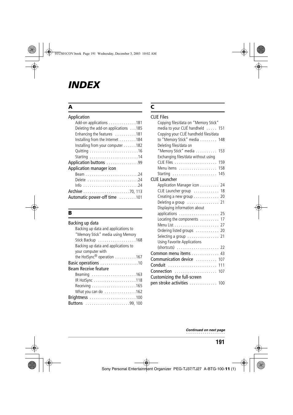 Index | Sony PEG-TJ27 User Manual | Page 191 / 195