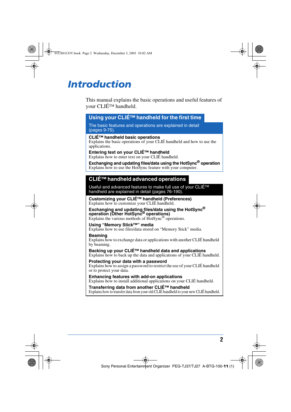 Introduction | Sony PEG-TJ27 User Manual | Page 2 / 195