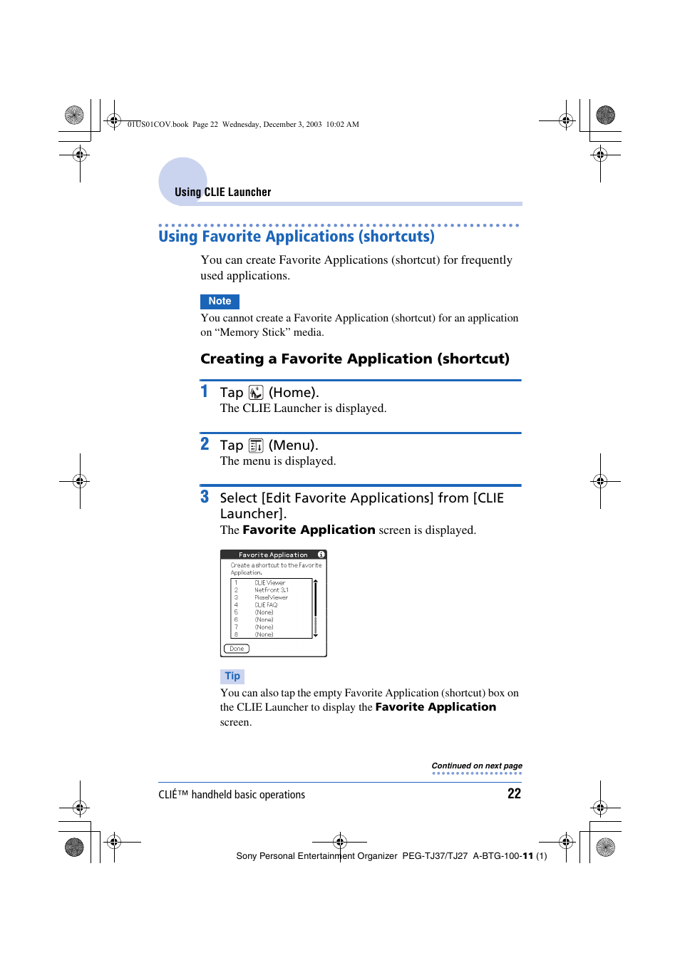 Using favorite applications (shortcuts) | Sony PEG-TJ27 User Manual | Page 22 / 195