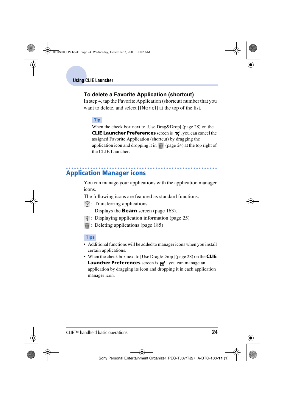 Application manager icons | Sony PEG-TJ27 User Manual | Page 24 / 195