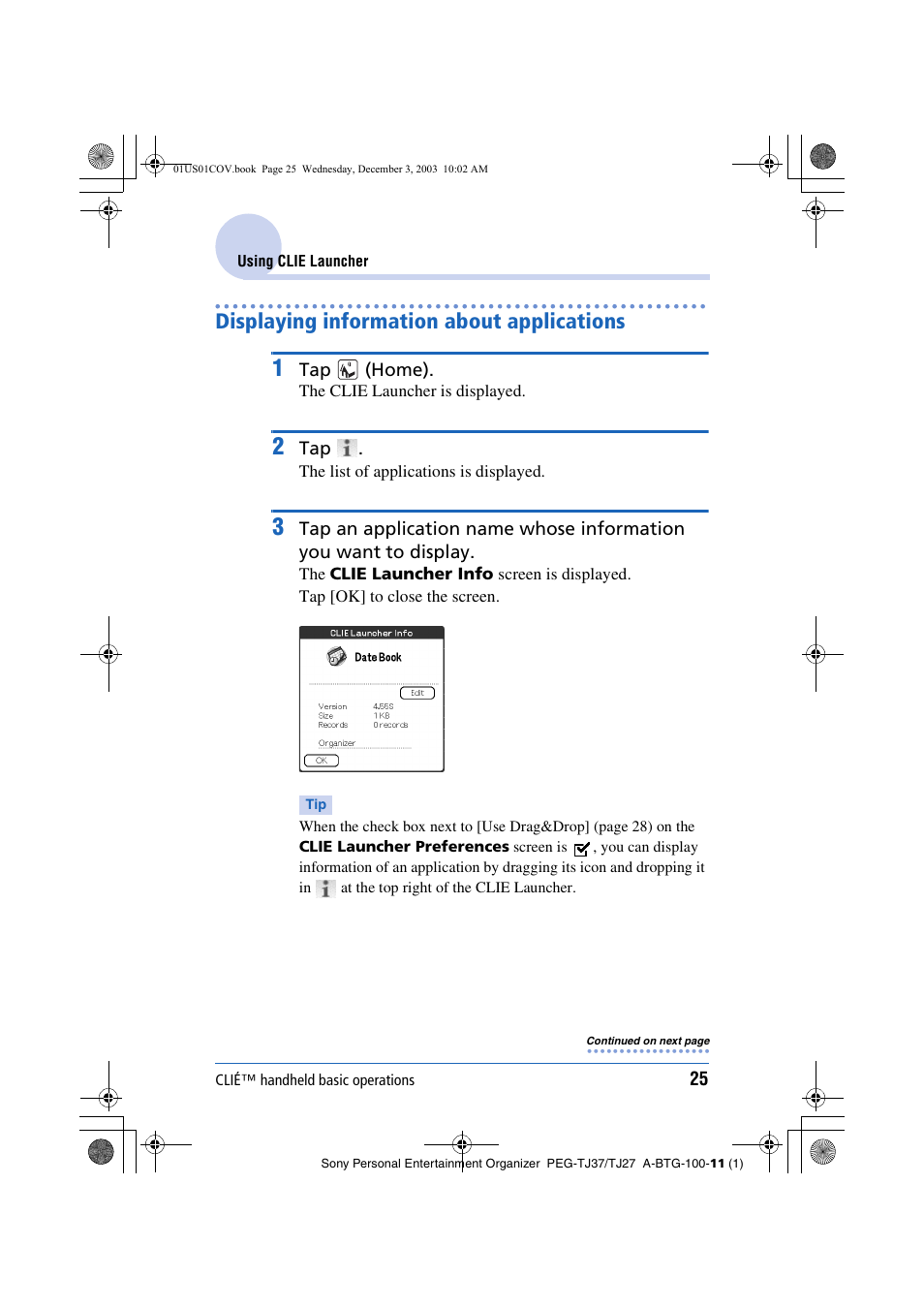 Displaying information about applications, E 25) | Sony PEG-TJ27 User Manual | Page 25 / 195