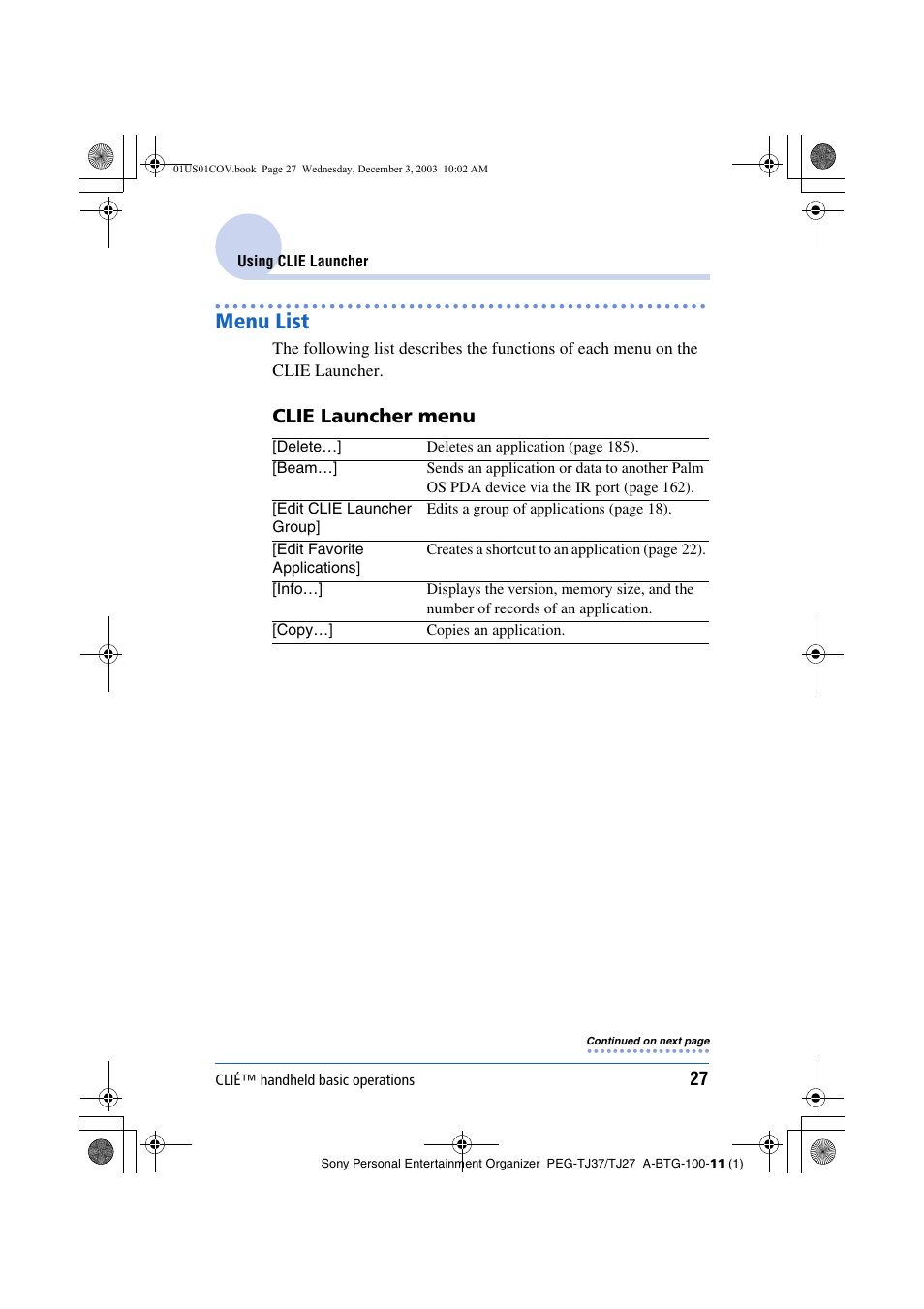 Menu list, Clie launcher menu | Sony PEG-TJ27 User Manual | Page 27 / 195