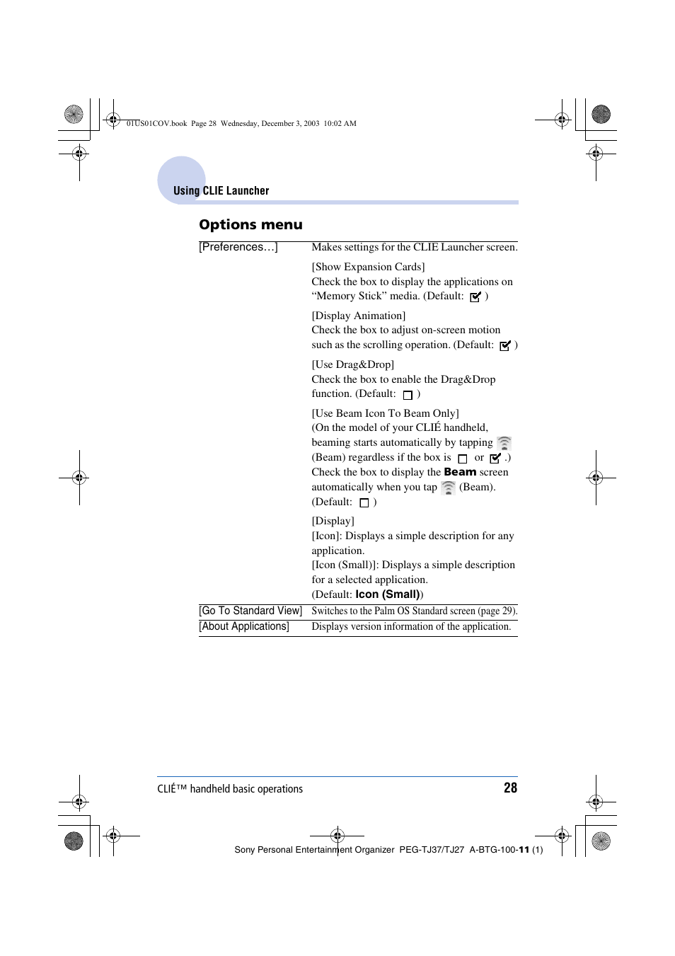 28) o, Age 28), Options menu | Sony PEG-TJ27 User Manual | Page 28 / 195