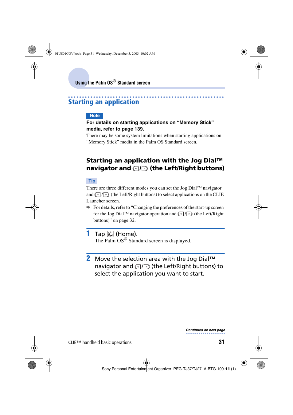 Starting an application | Sony PEG-TJ27 User Manual | Page 31 / 195