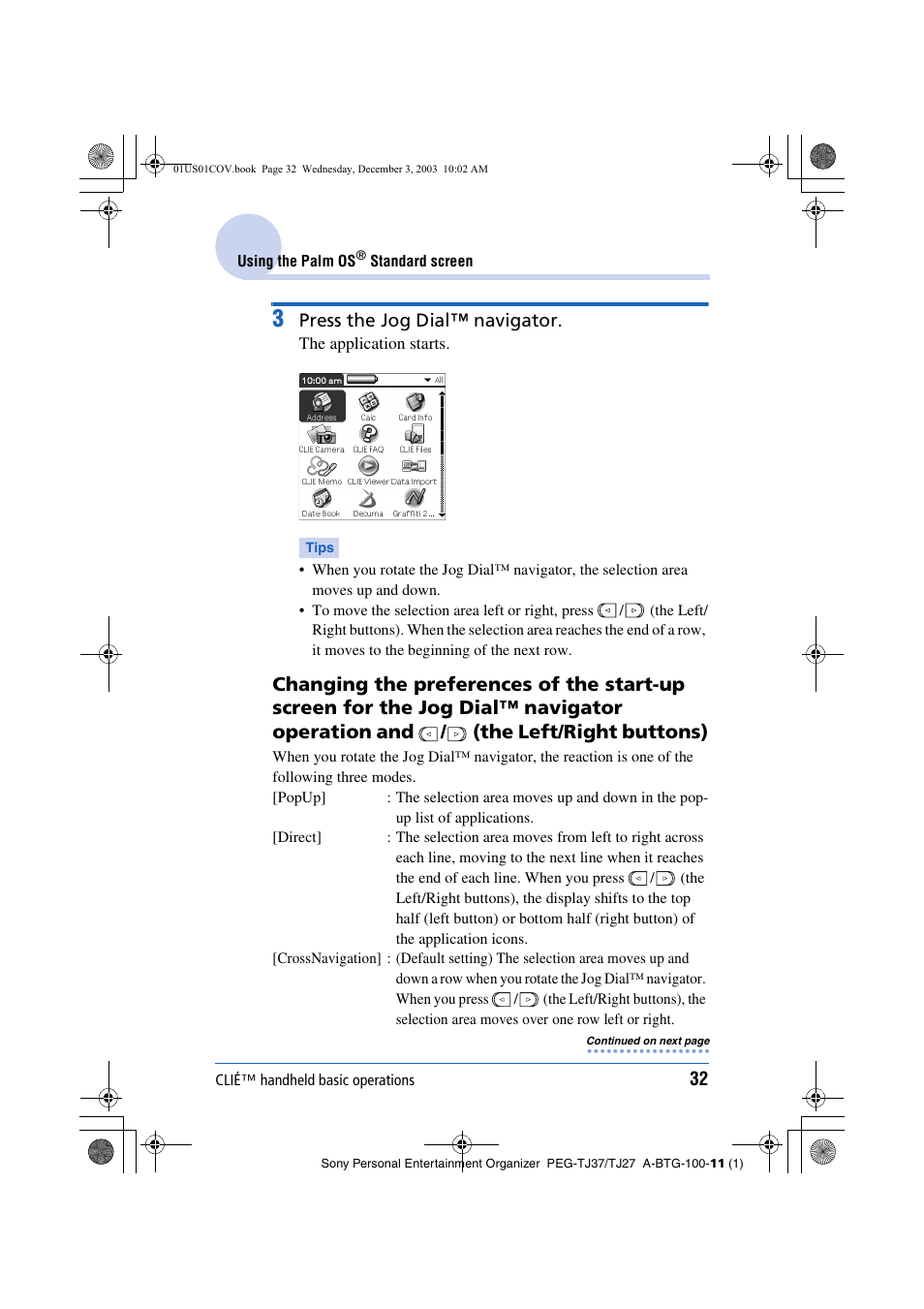 Press the jog dial™ navigator | Sony PEG-TJ27 User Manual | Page 32 / 195