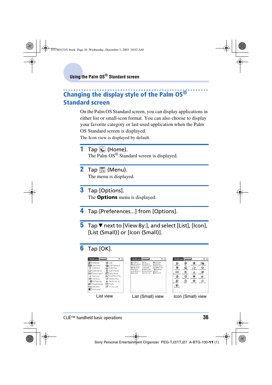 Changing the display style of the palm os, Standard screen | Sony PEG-TJ27 User Manual | Page 36 / 195