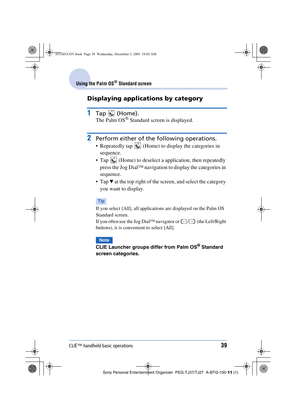 Displaying applications by category | Sony PEG-TJ27 User Manual | Page 39 / 195