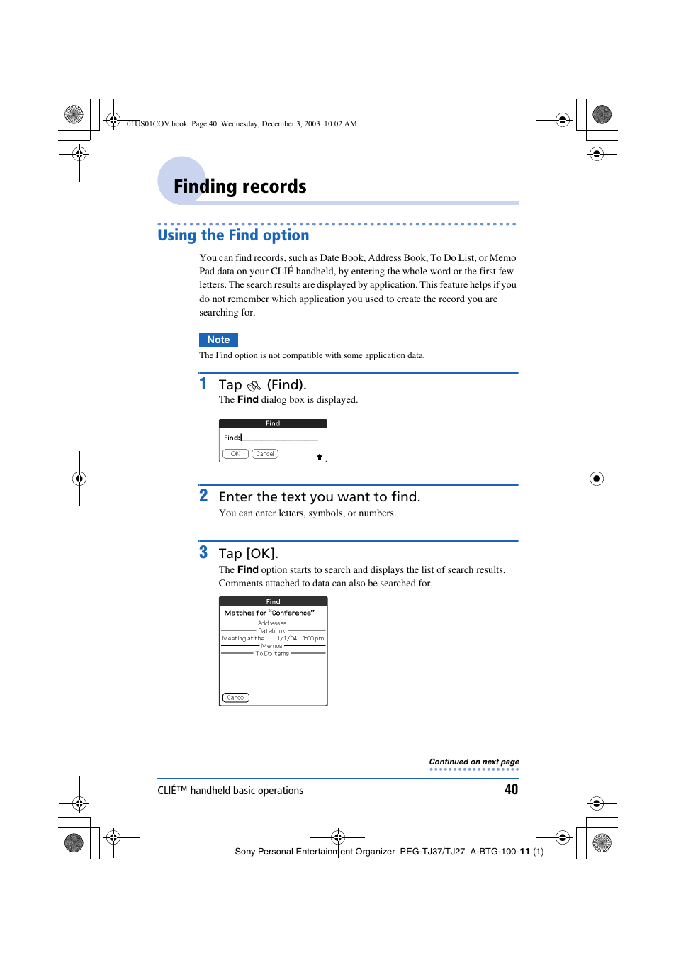 Finding records, Using the find option | Sony PEG-TJ27 User Manual | Page 40 / 195