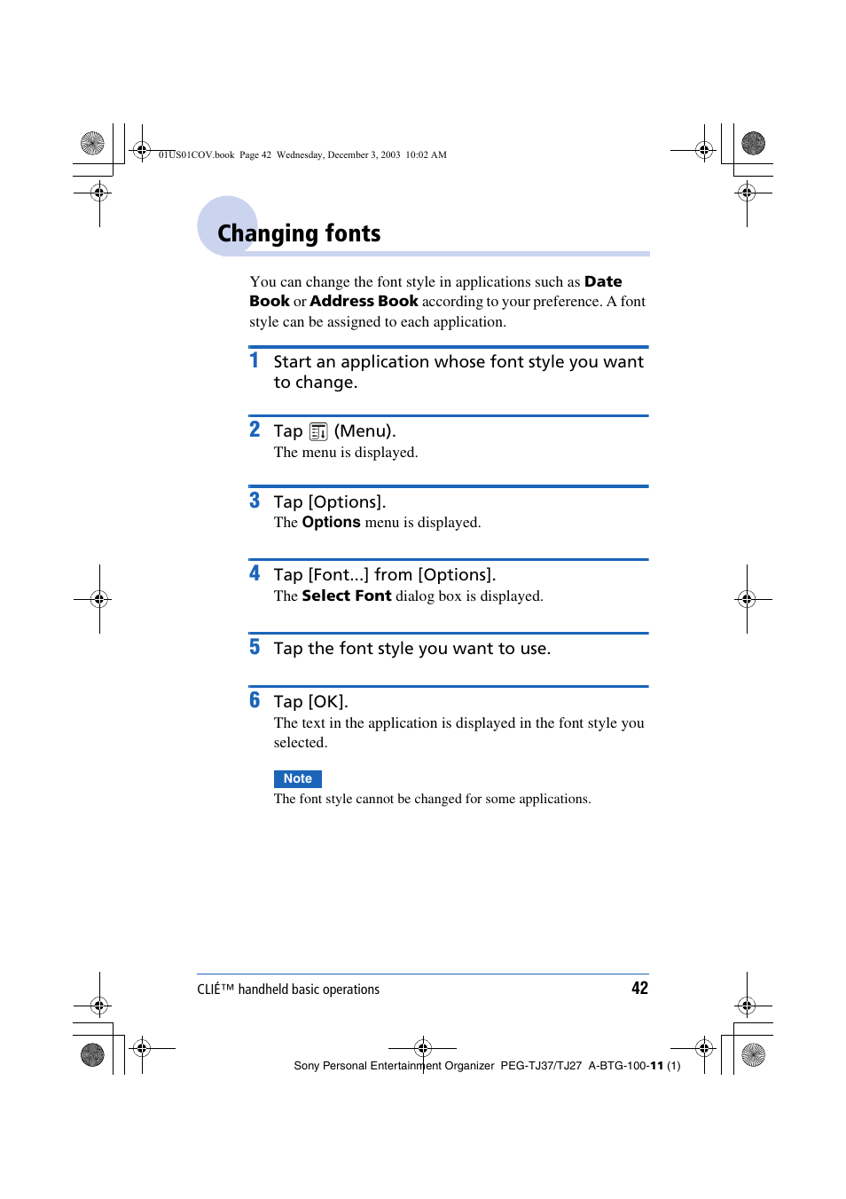 Changing fonts | Sony PEG-TJ27 User Manual | Page 42 / 195