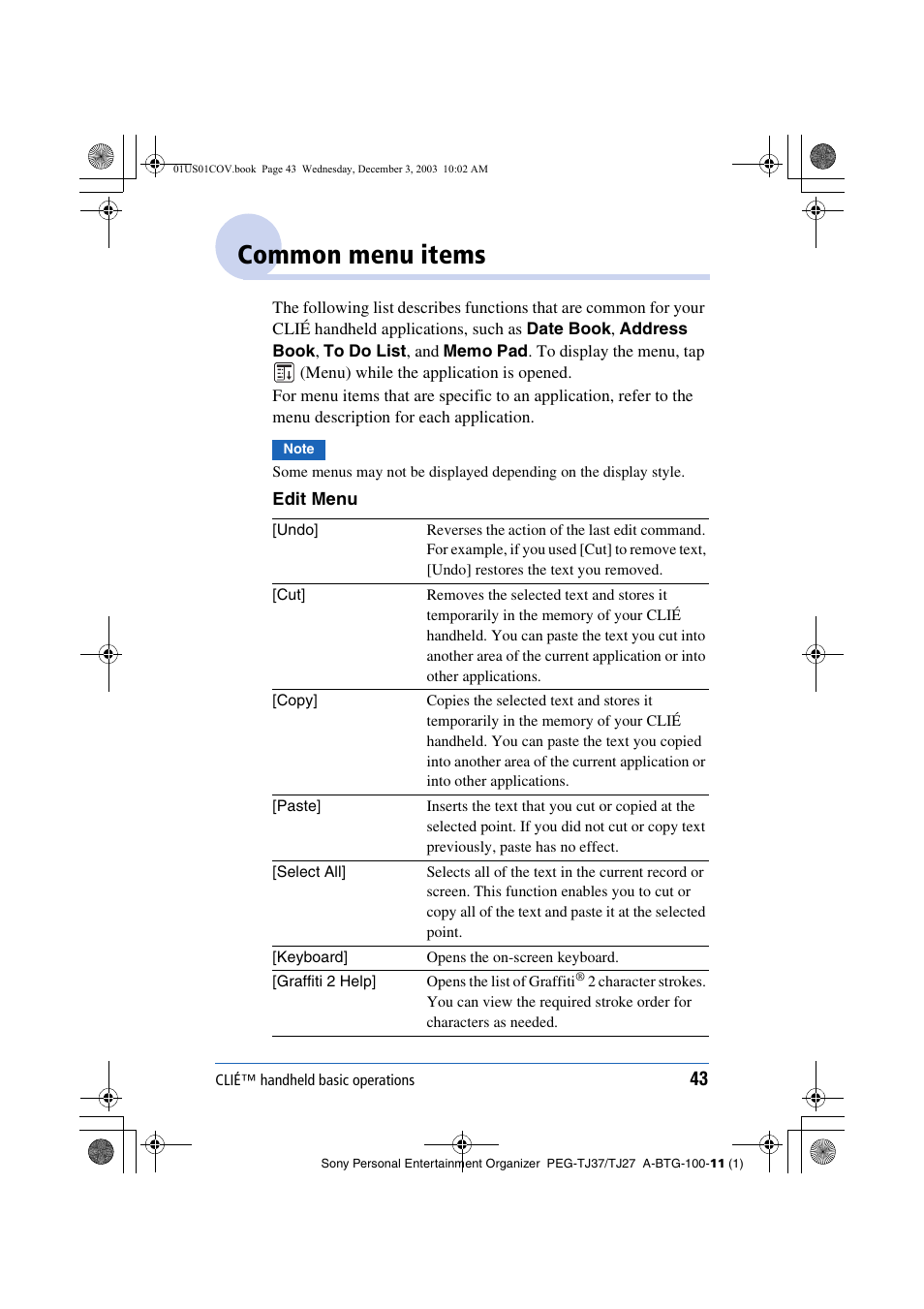 Common menu items | Sony PEG-TJ27 User Manual | Page 43 / 195