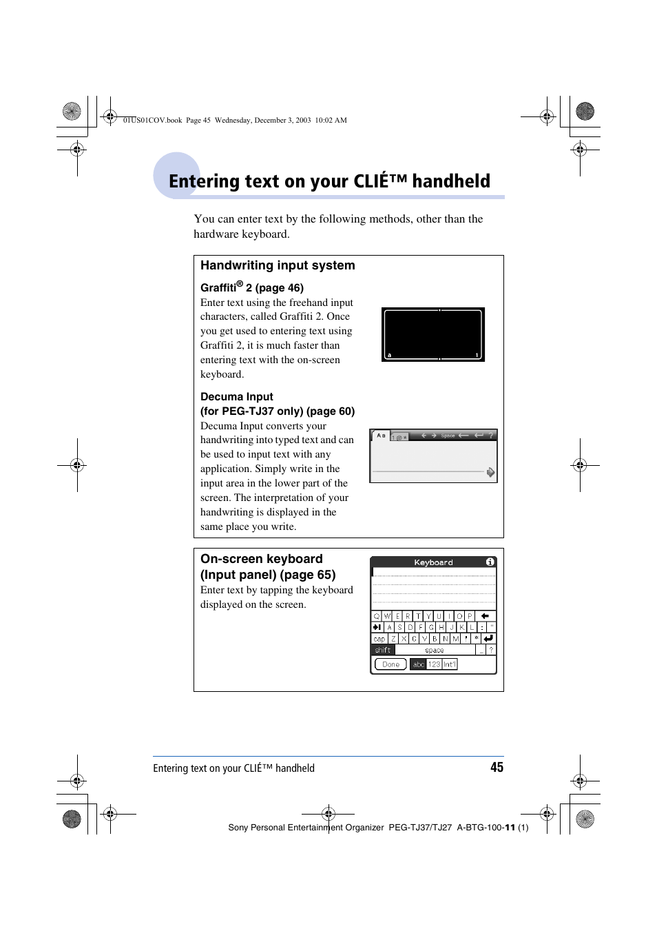 Entering text on your clié™ handheld | Sony PEG-TJ27 User Manual | Page 45 / 195