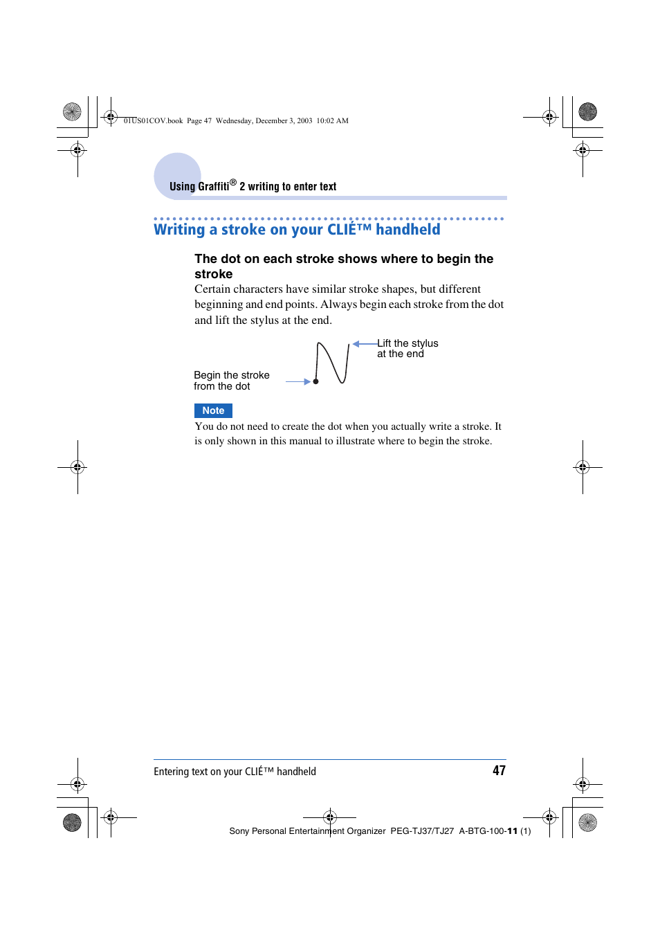 Writing a stroke on your clié™ handheld | Sony PEG-TJ27 User Manual | Page 47 / 195