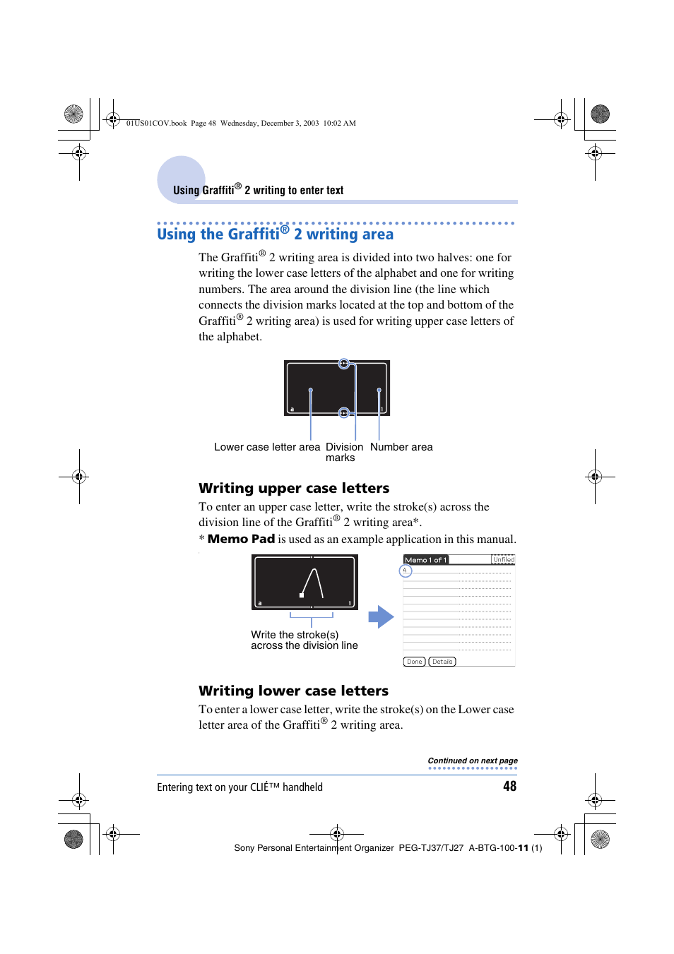 Using the graffiti® 2 writing area, Using the graffiti, 2 writing area | Writing upper case letters, Writing lower case letters | Sony PEG-TJ27 User Manual | Page 48 / 195